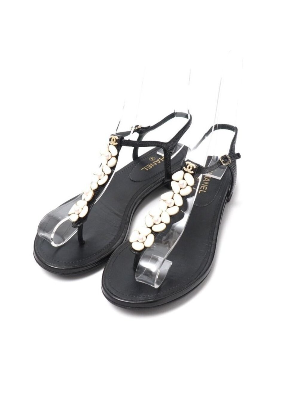 Chanel Sandals c Thong Ankle Strap Shoes CC Logo Faux Pearl 35